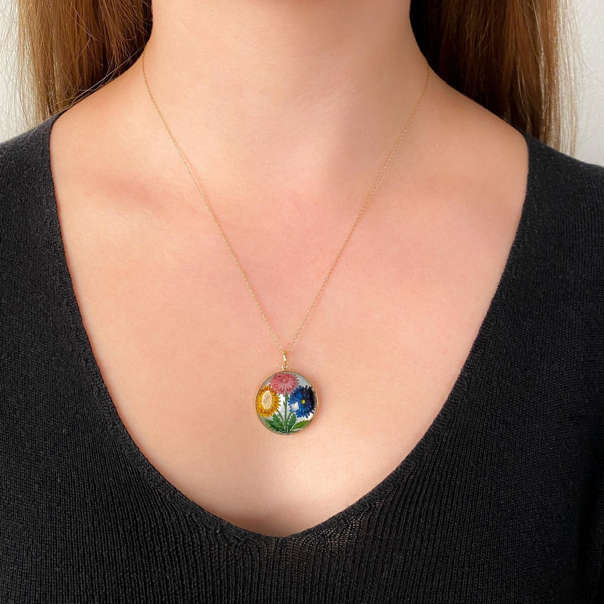 Antique Reverse Painted Crystal Flower Pendant of 14k Gold - Trademark Antiques