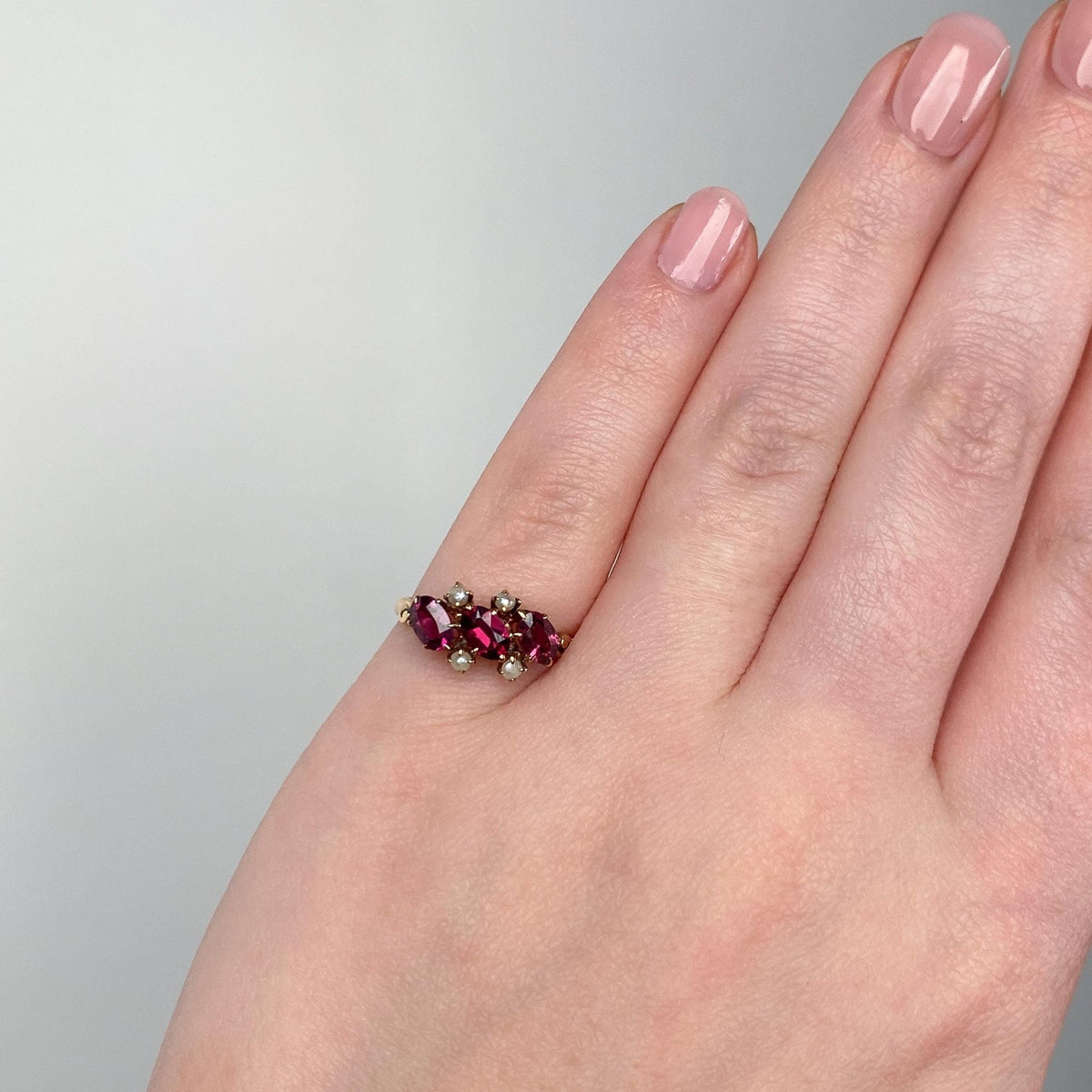 Antique Rhodolite Garnet and Pearl Ring of 9ct Gold - Trademark Antiques