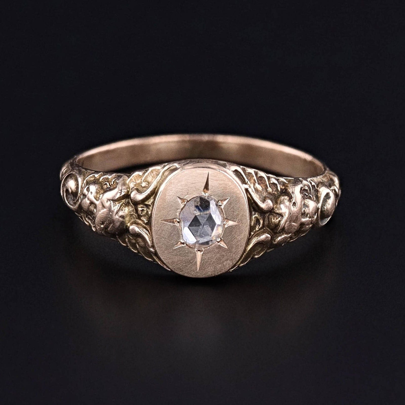 Antique Rose Cut Diamond Cherub Ring of 10k Gold - Trademark Antiques