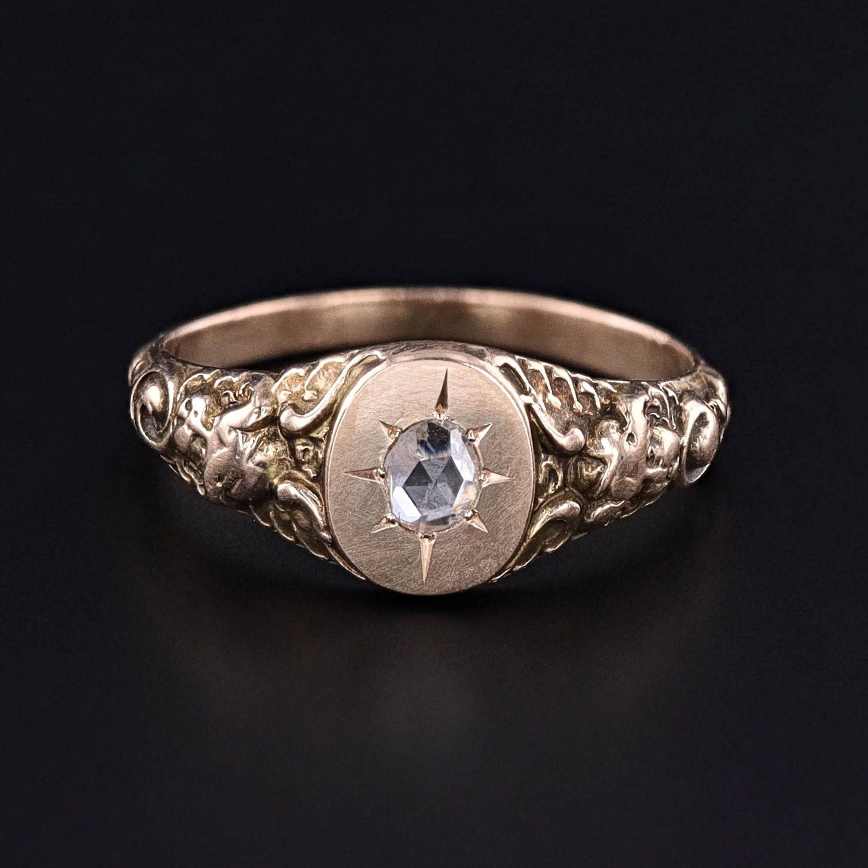 Antique Rose Cut Diamond Cherub Ring of 10k Gold - Trademark Antiques