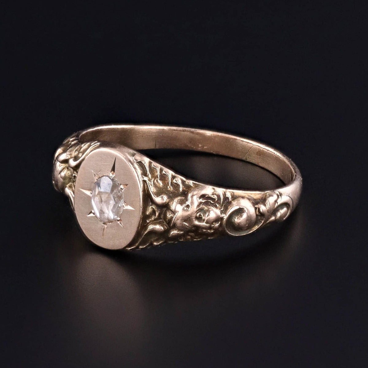 Antique Rose Cut Diamond Cherub Ring of 10k Gold - Trademark Antiques