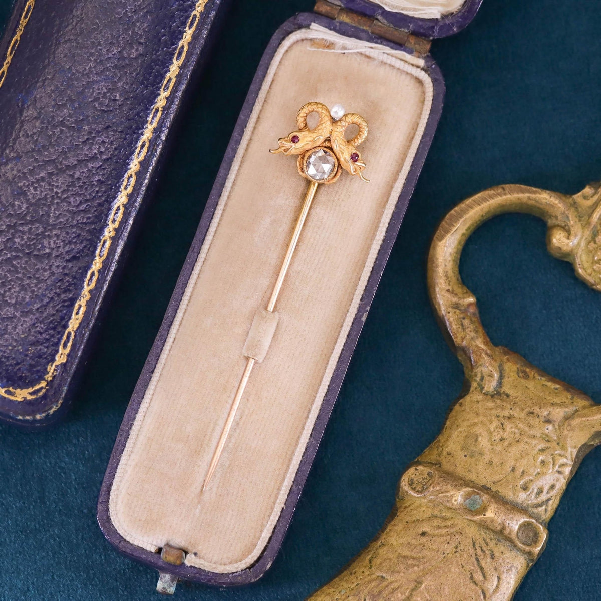 Antique Rosecut Diamond Snake Stickpin of 14k Gold - Trademark Antiques