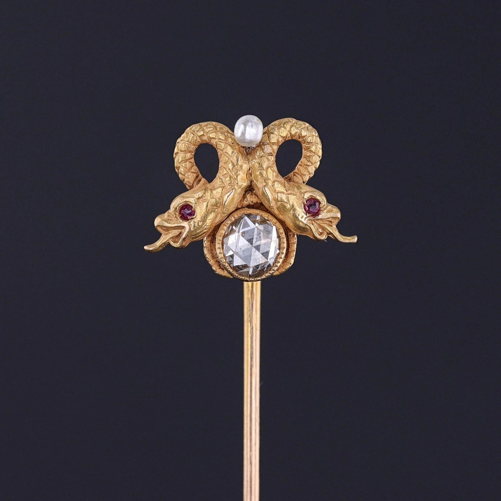 Antique Rosecut Diamond Snake Stickpin of 14k Gold - Trademark Antiques