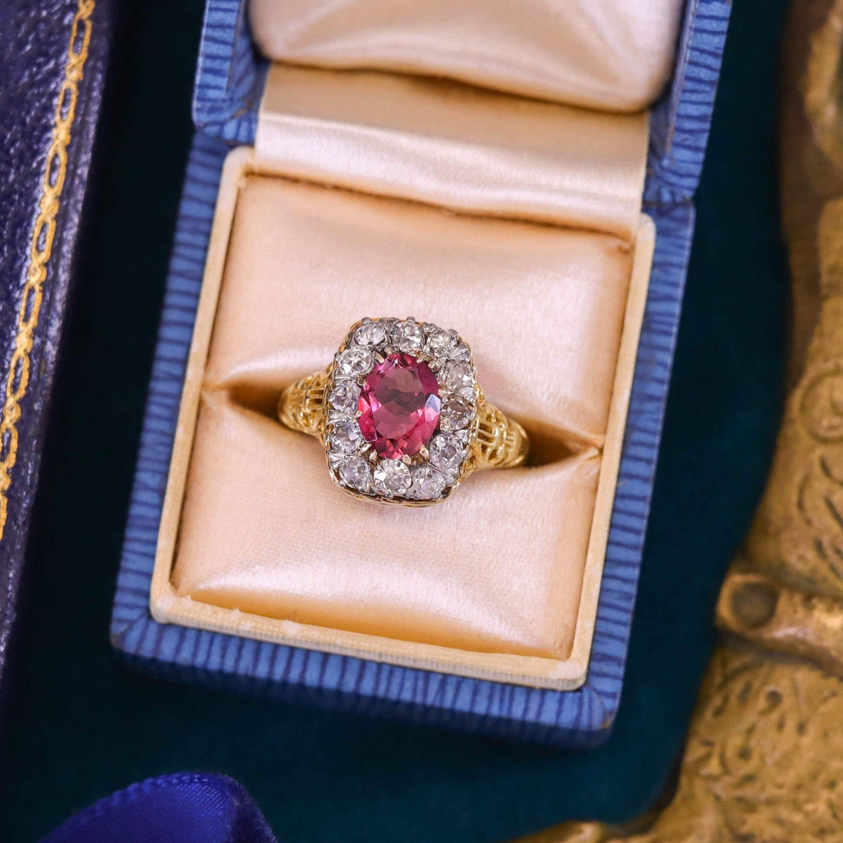 Antique Rubellite Tourmaline and Diamond Ring of Platinum and 14k Gold - Trademark Antiques