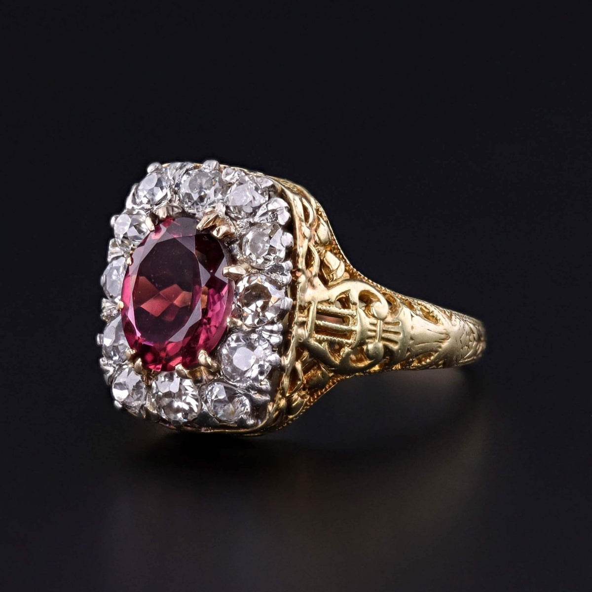 Antique Rubellite Tourmaline and Diamond Ring of Platinum and 14k Gold - Trademark Antiques