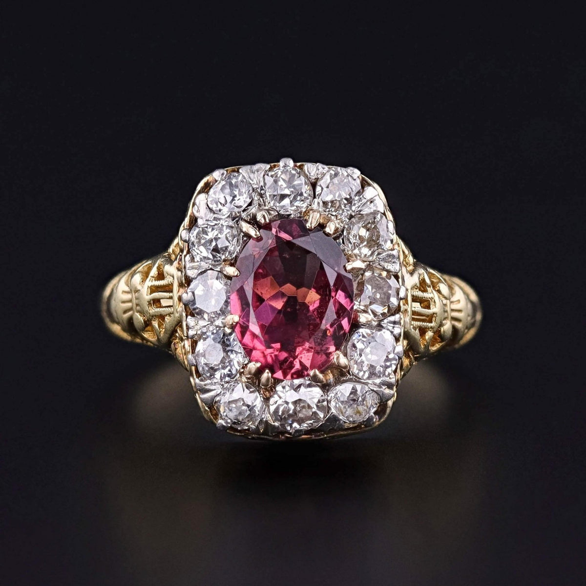 Antique Rubellite Tourmaline and Diamond Ring of Platinum and 14k Gold - Trademark Antiques