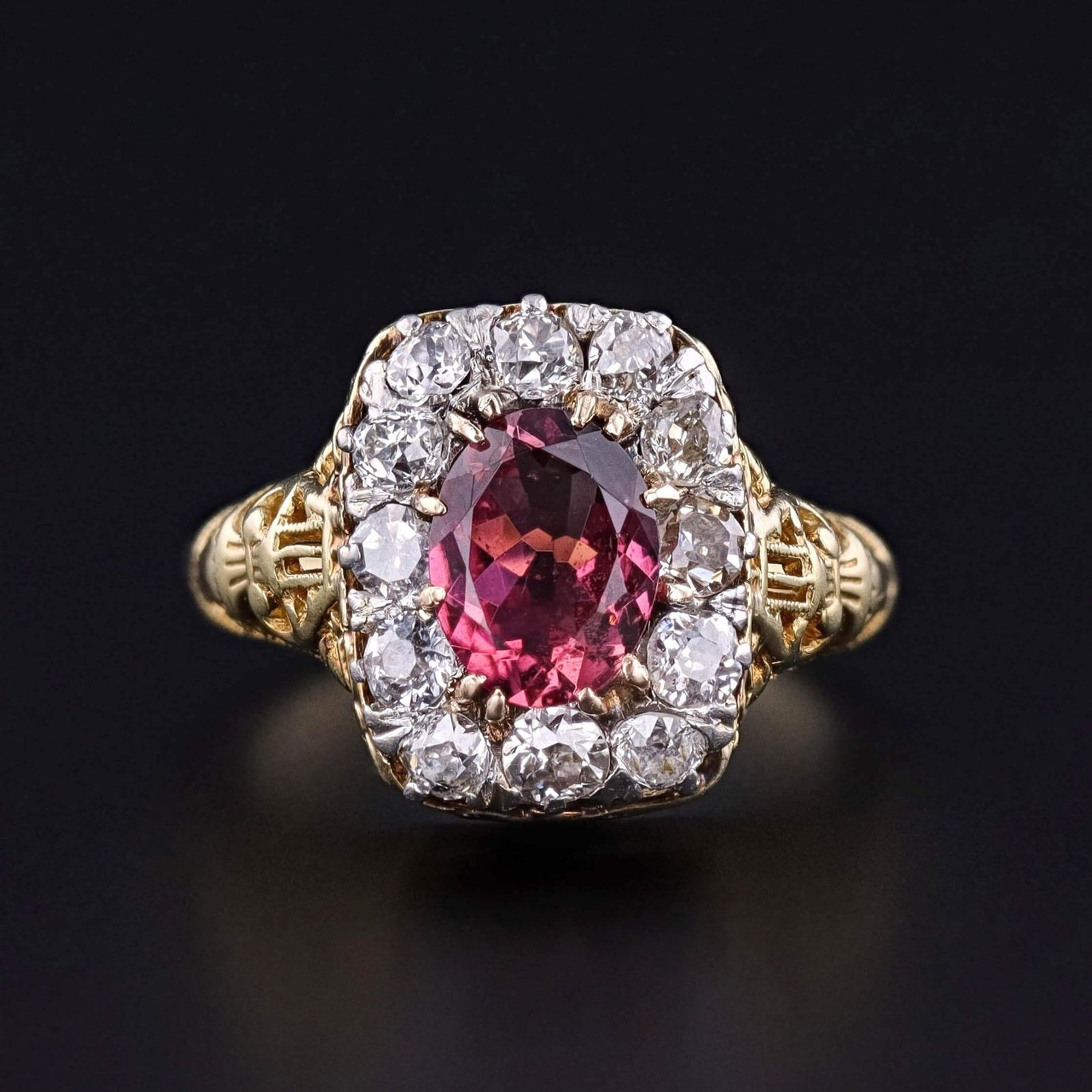 Antique Rubellite Tourmaline and Diamond Ring of Platinum and 14k Gold - Trademark Antiques