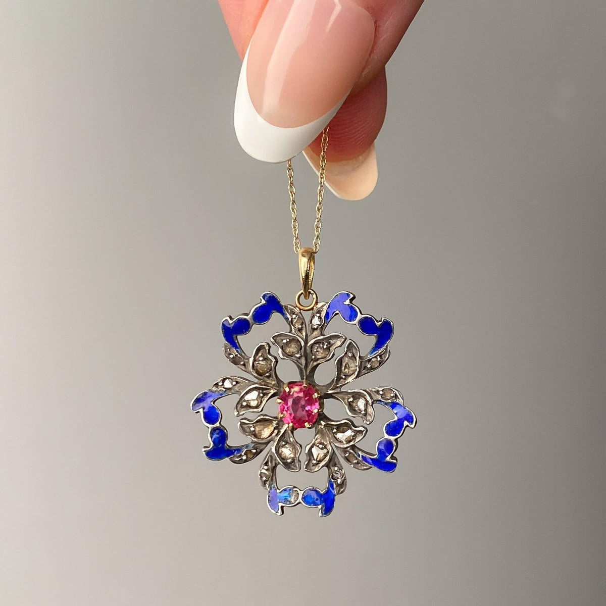 Antique Rubellite Tourmaline and Enamel Pendant of Silver Topped 10k Gold - Trademark Antiques