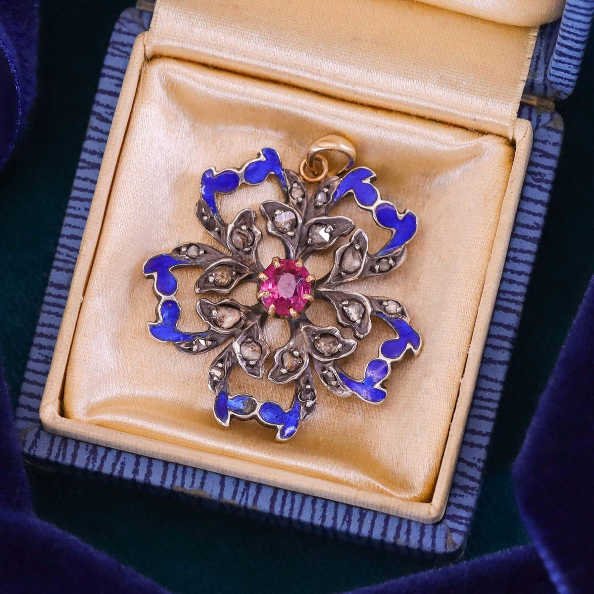 Antique Rubellite Tourmaline and Enamel Pendant of Silver Topped 10k Gold - Trademark Antiques