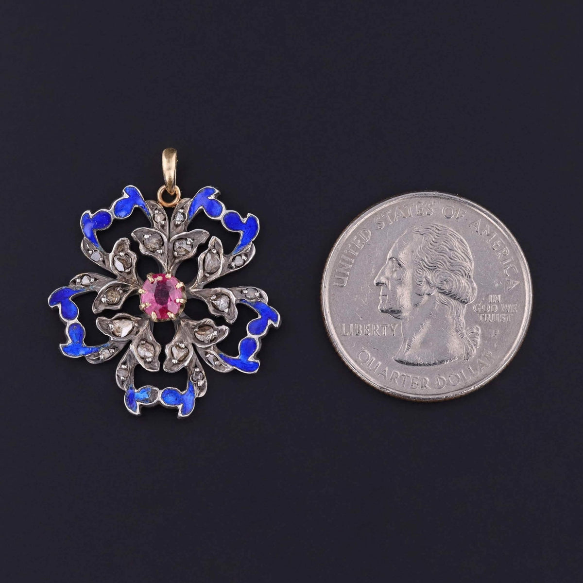 Antique Rubellite Tourmaline and Enamel Pendant of Silver Topped 10k Gold - Trademark Antiques