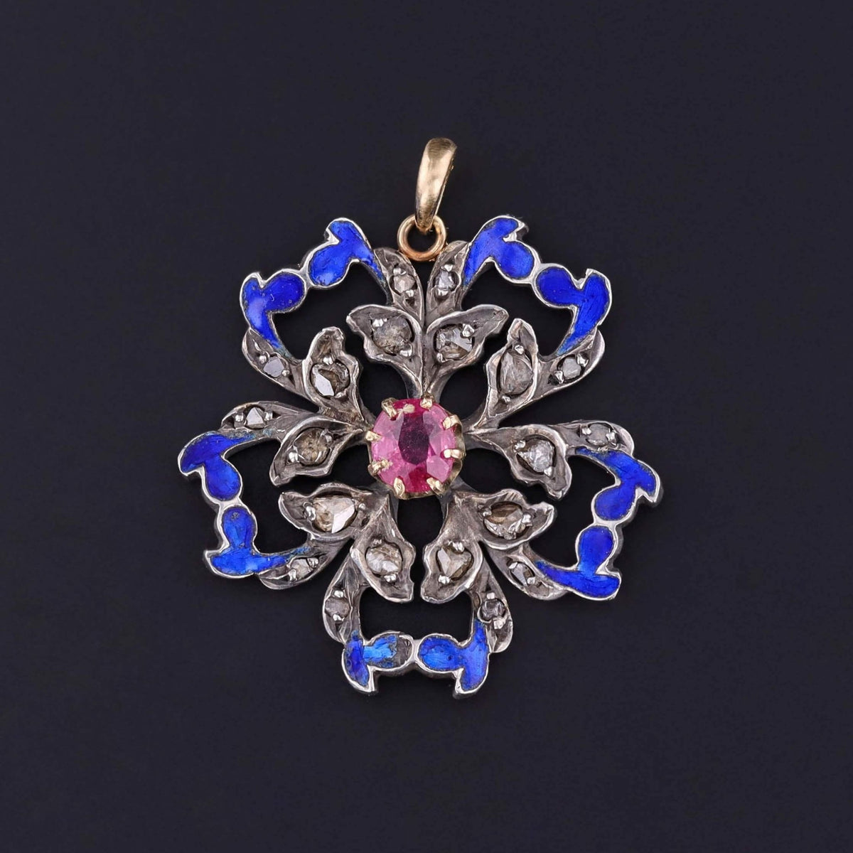 Antique Rubellite Tourmaline and Enamel Pendant of Silver Topped 10k Gold - Trademark Antiques