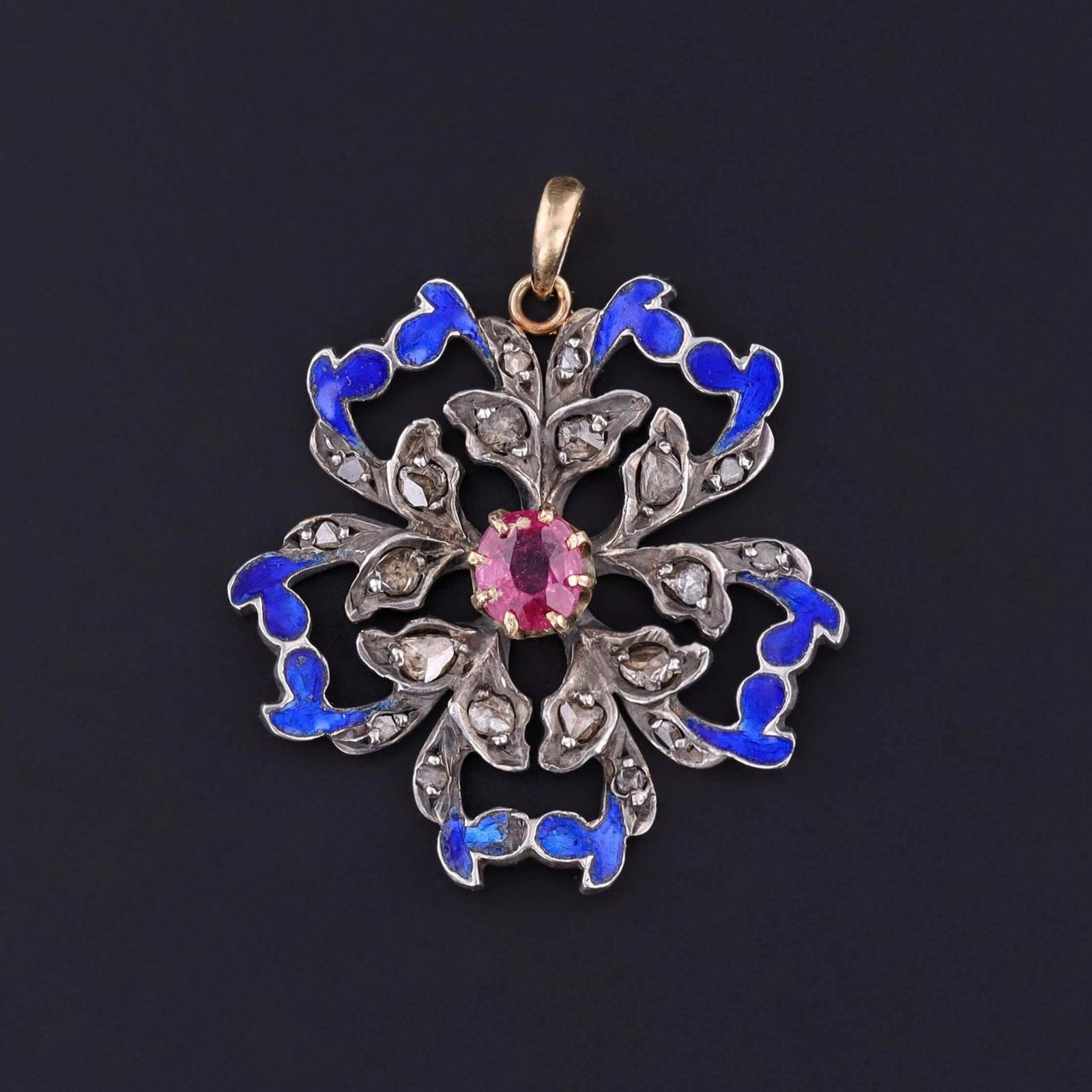 Antique Rubellite Tourmaline and Enamel Pendant of Silver Topped 10k Gold - Trademark Antiques