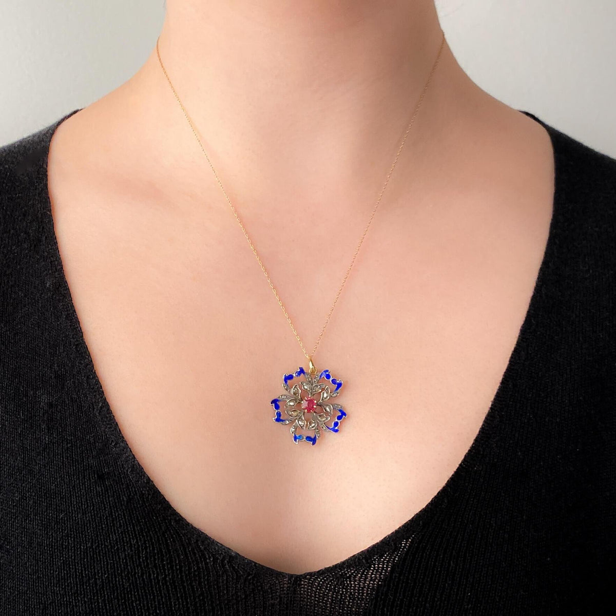 Antique Rubellite Tourmaline and Enamel Pendant of Silver Topped 10k Gold - Trademark Antiques