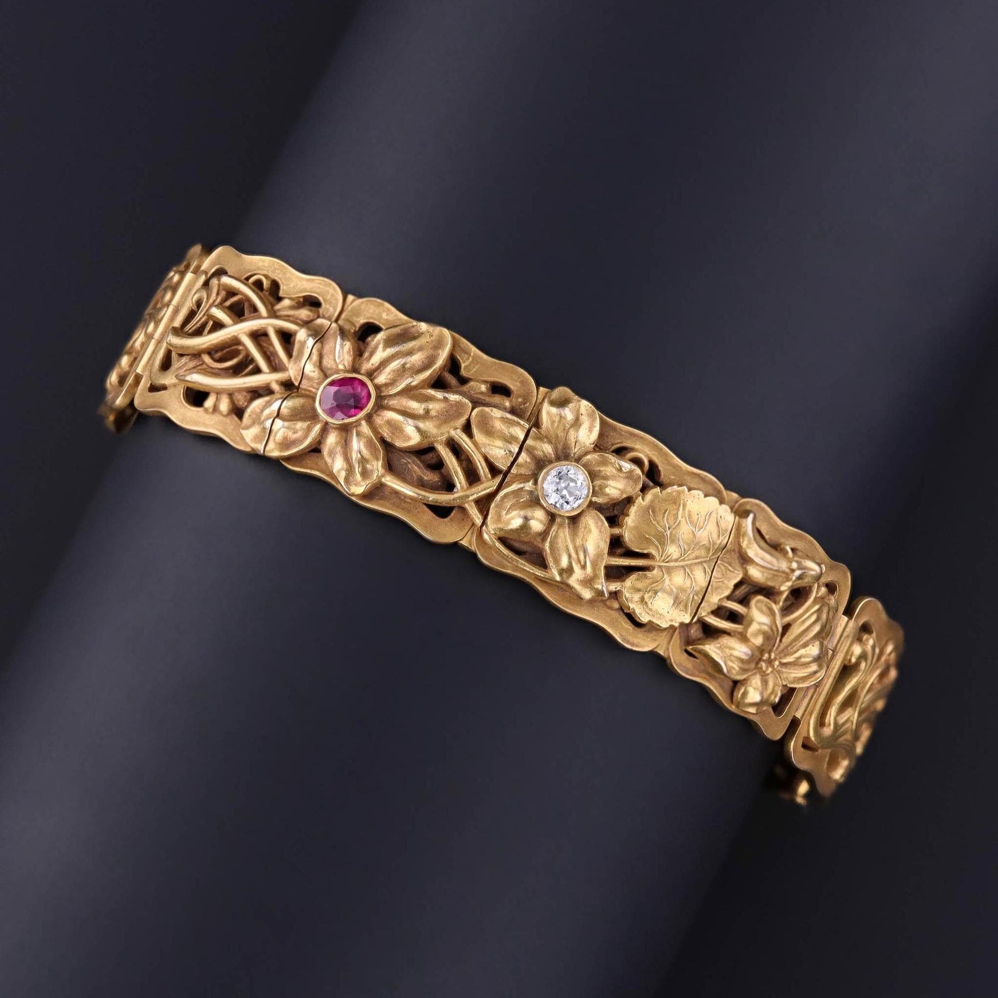 Antique Ruby and Diamond Floral Bracelet by Riker Brothers - Trademark Antiques