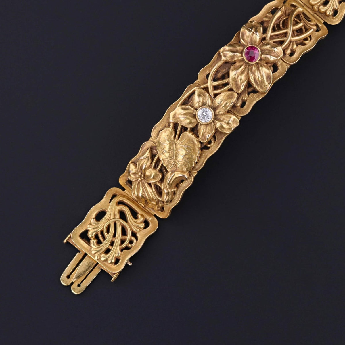 Antique Ruby and Diamond Floral Bracelet by Riker Brothers - Trademark Antiques