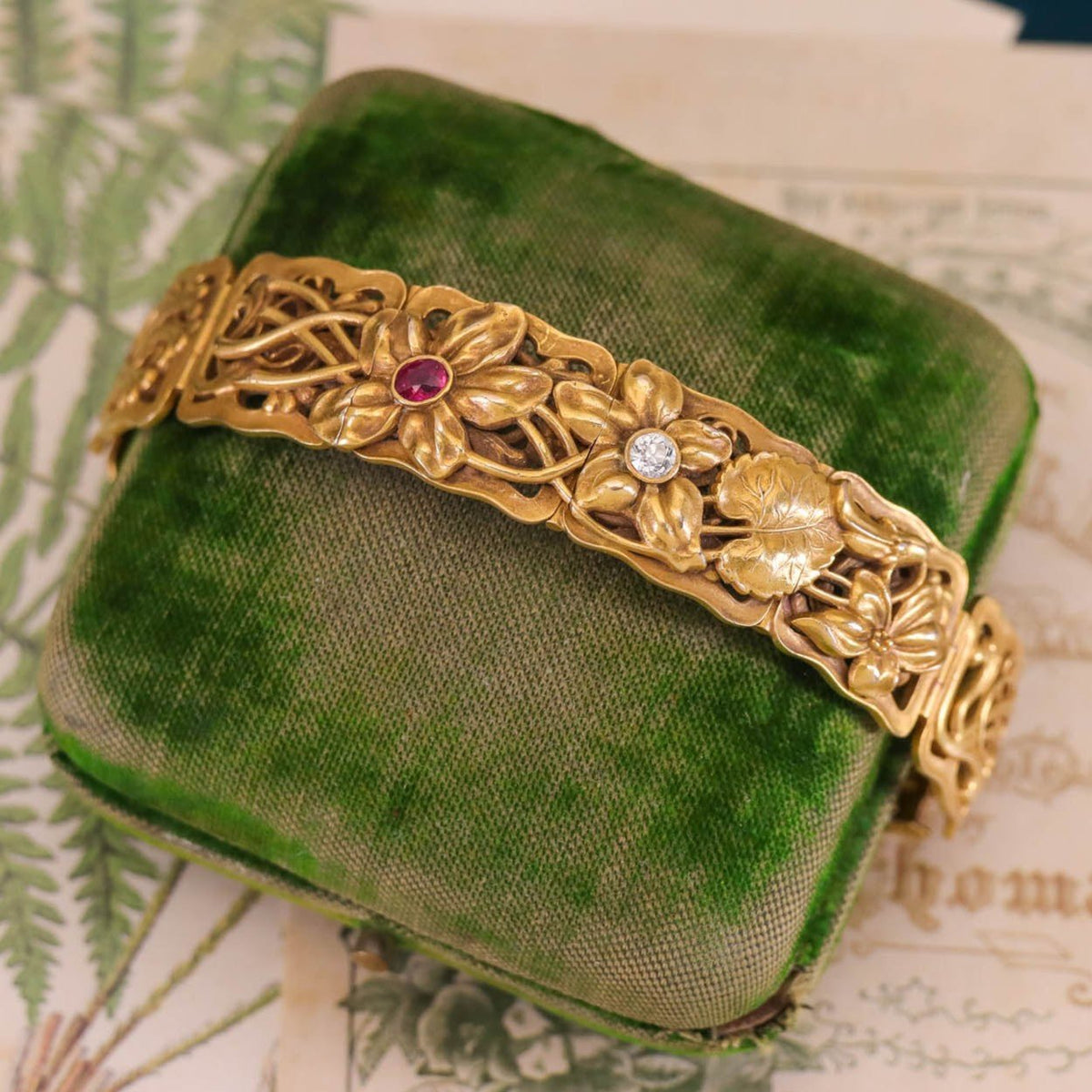 Antique Ruby and Diamond Floral Bracelet by Riker Brothers - Trademark Antiques