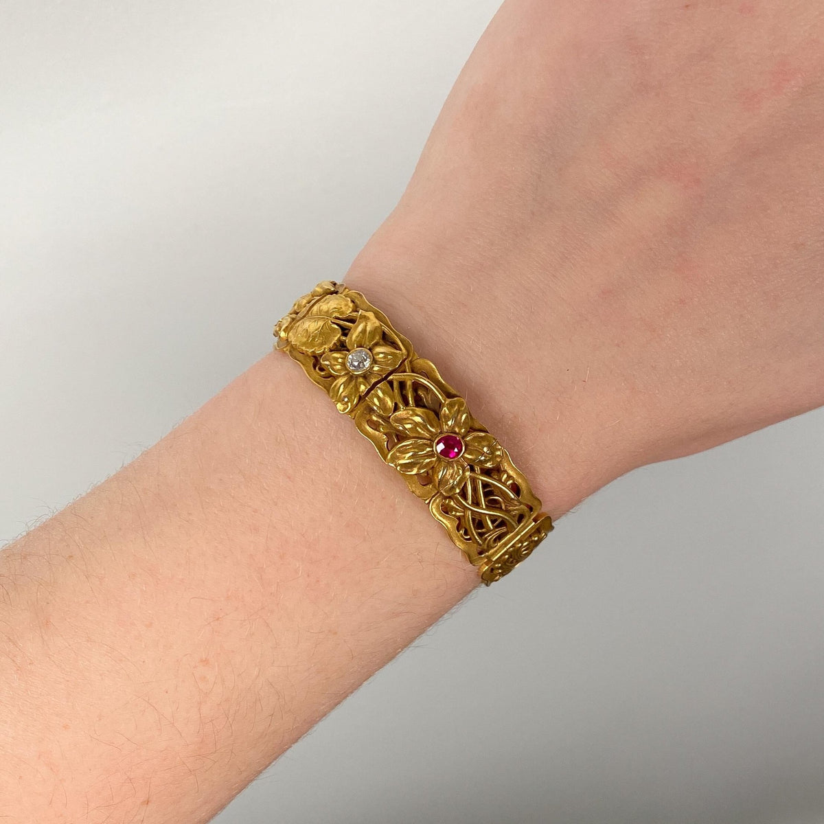 Antique Ruby and Diamond Floral Bracelet by Riker Brothers - Trademark Antiques