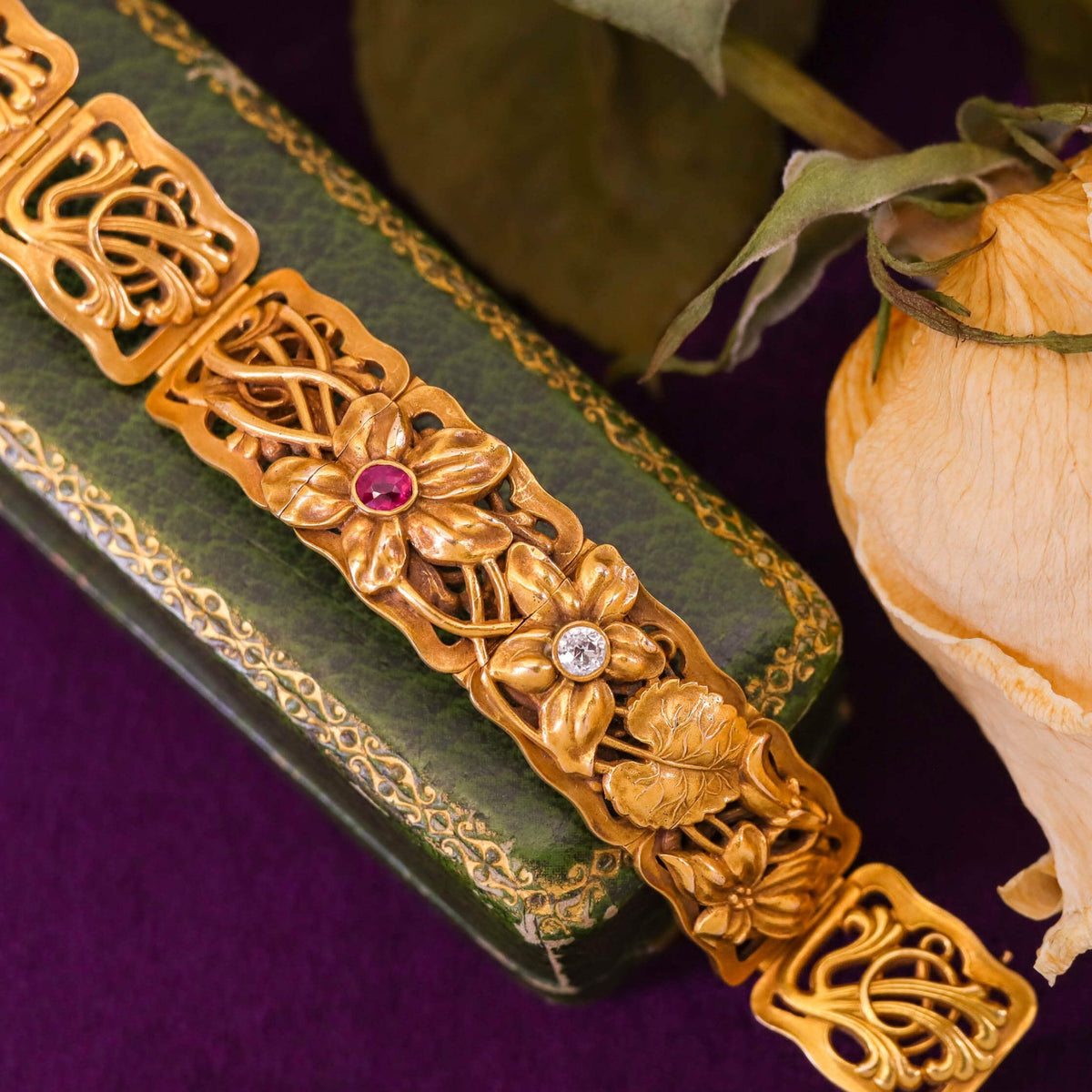 Antique Ruby and Diamond Floral Bracelet by Riker Brothers - Trademark Antiques