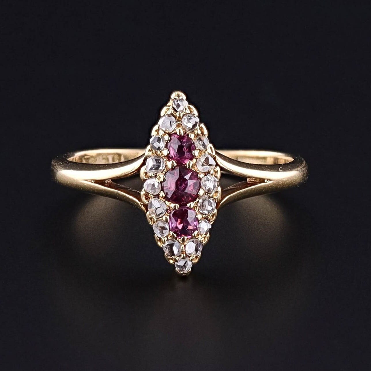 Antique Ruby and Diamond Navette Ring of 18k Gold - Trademark Antiques