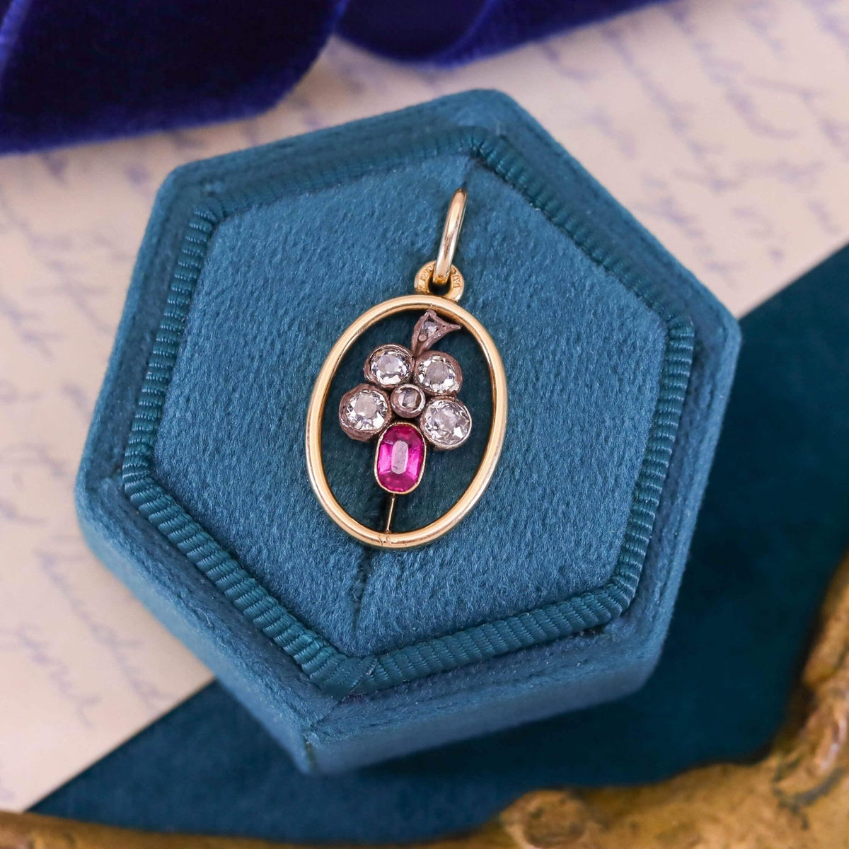 Antique Ruby and Diamond Pansy Pendant of 14k Gold - Trademark Antiques