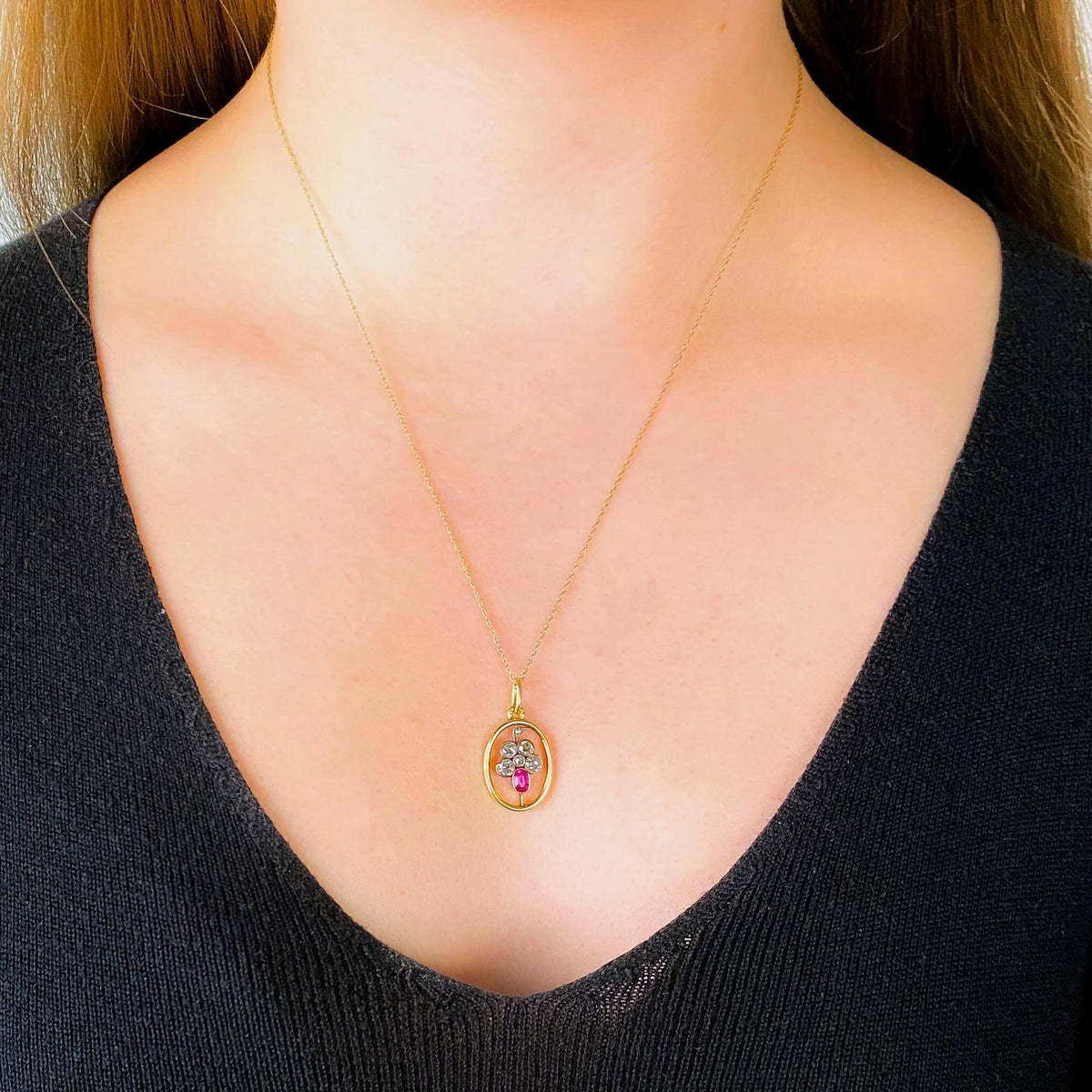 Antique Ruby and Diamond Pansy Pendant of 14k Gold - Trademark Antiques