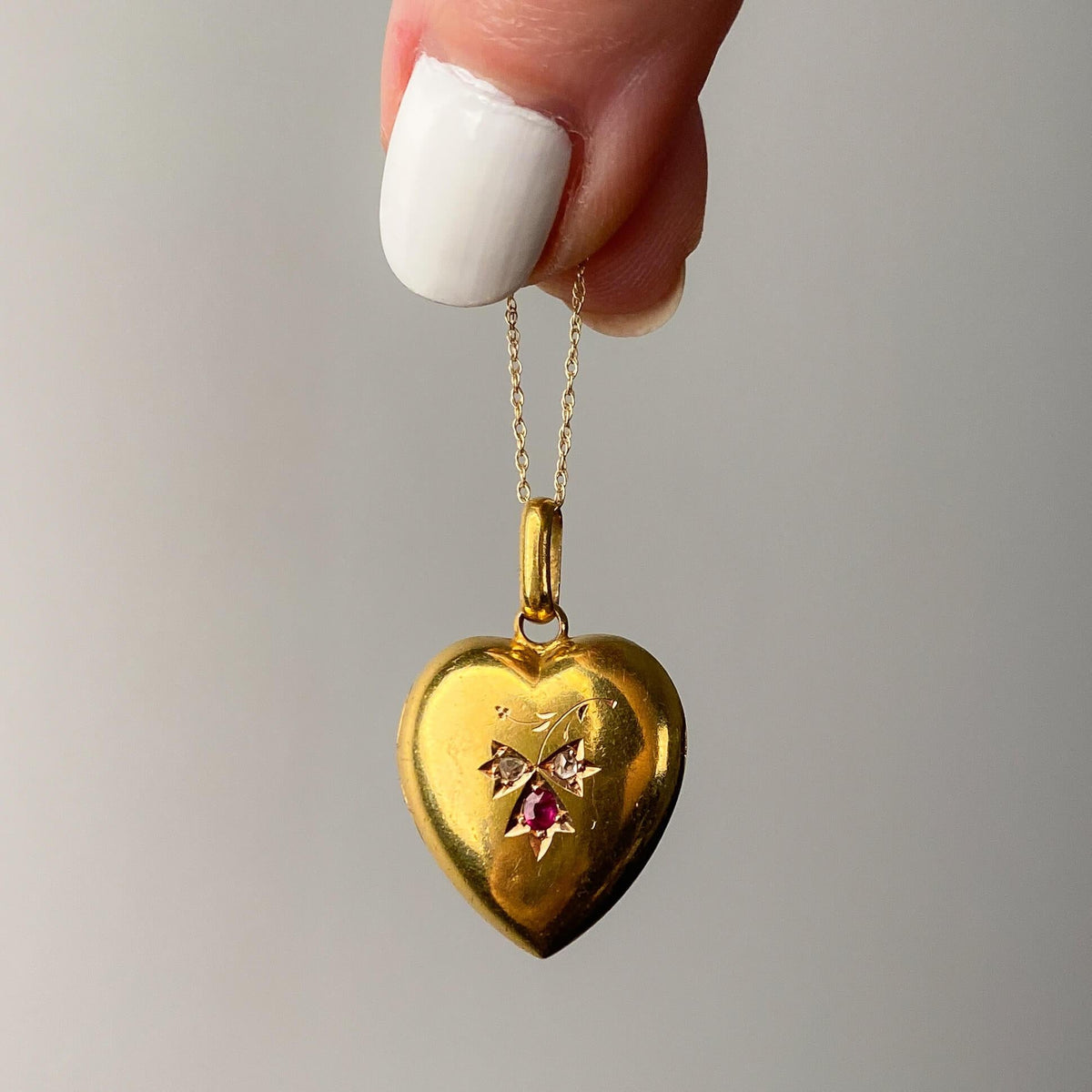 Antique Ruby and Diamond Puffy Heart Locket of 15k Gold - Trademark Antiques