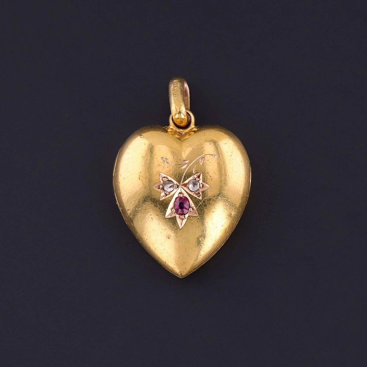 Antique Ruby and Diamond Puffy Heart Locket of 15k Gold - Trademark Antiques