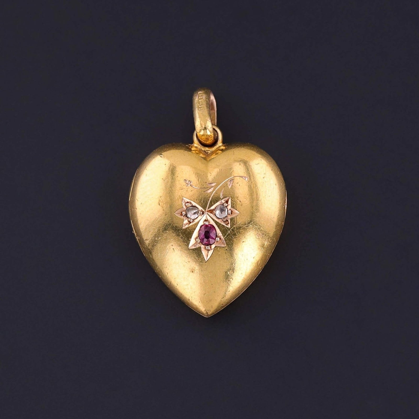 Antique Ruby and Diamond Puffy Heart Locket of 15k Gold - Trademark Antiques