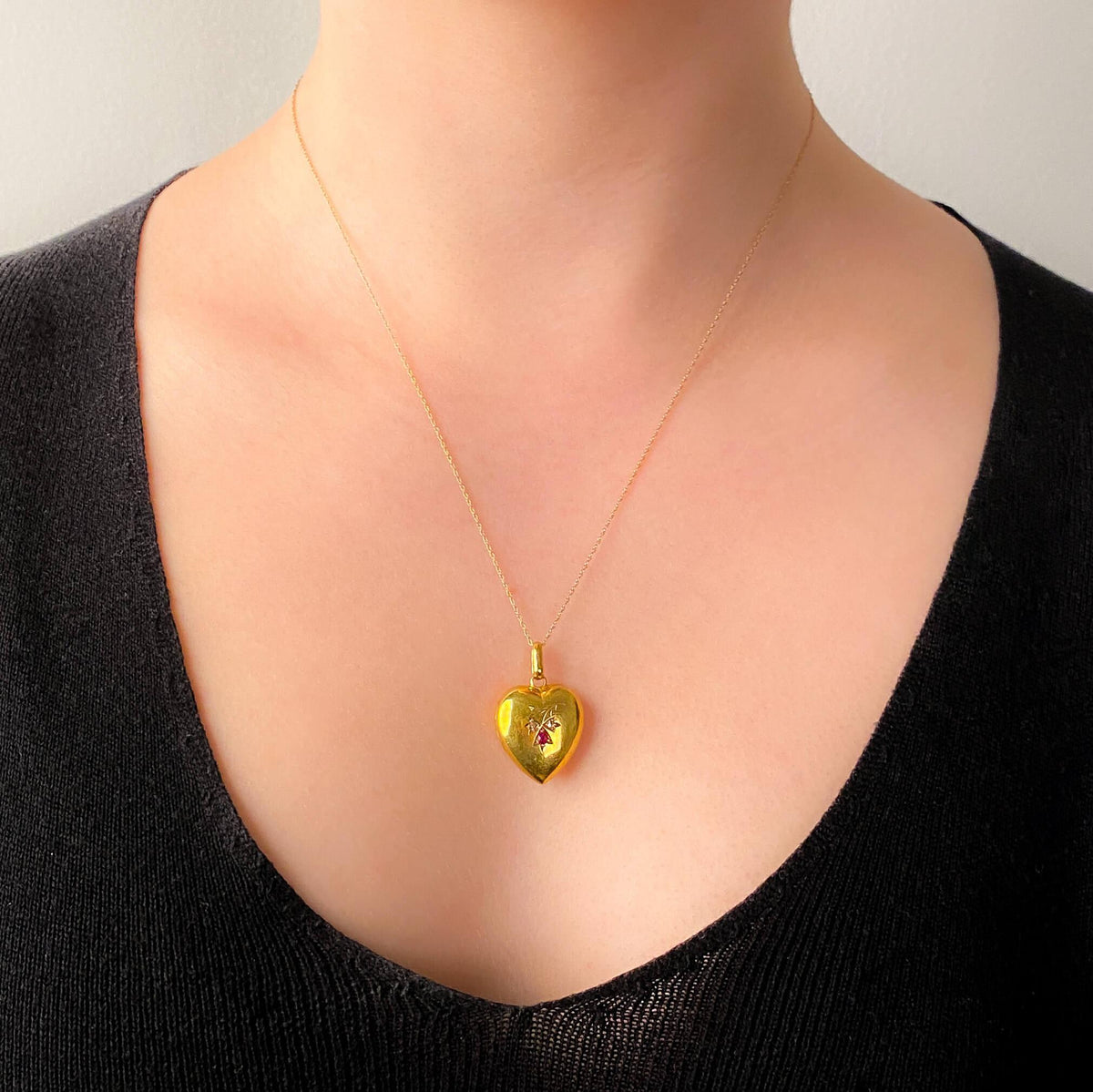 Antique Ruby and Diamond Puffy Heart Locket of 15k Gold - Trademark Antiques