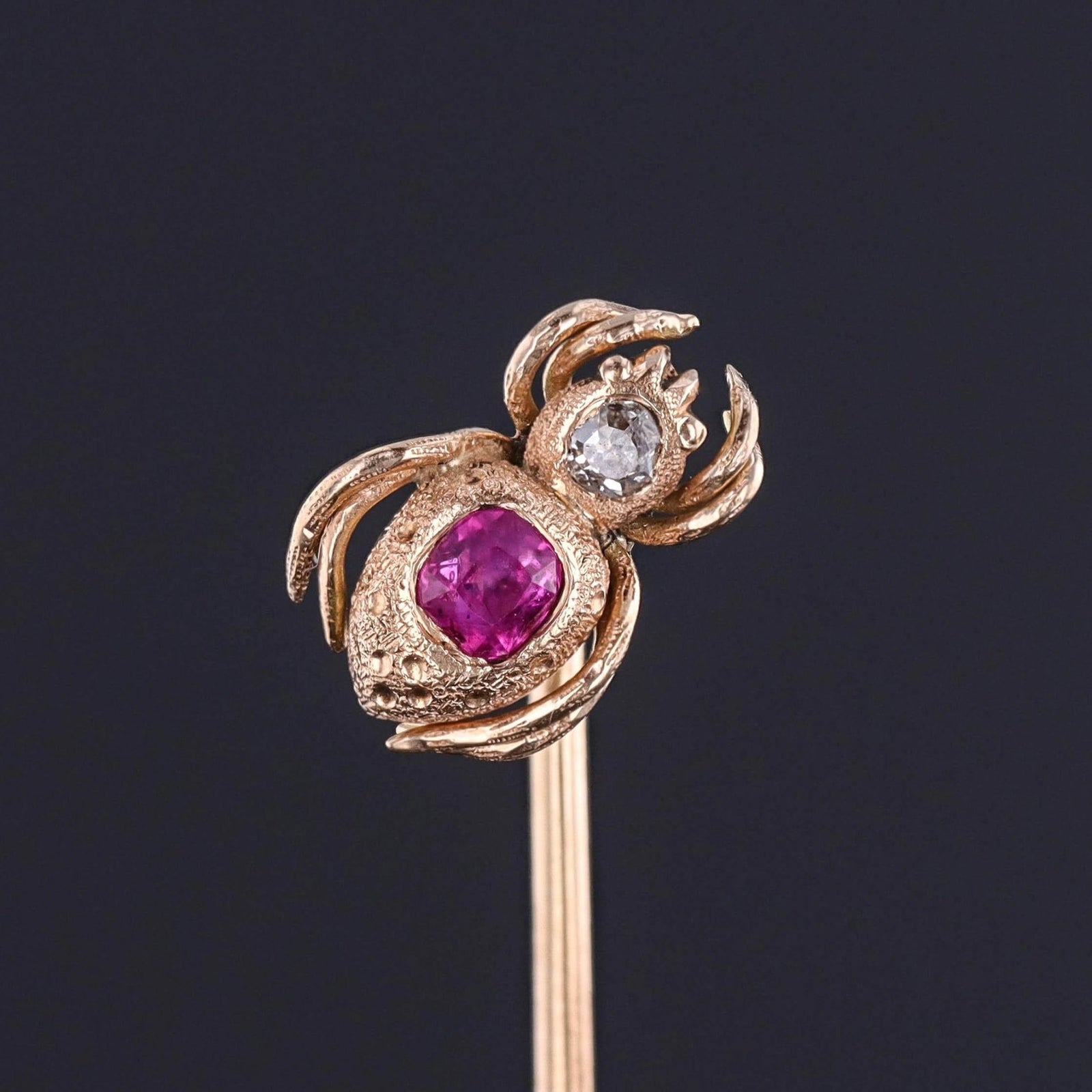 Antique Ruby and Diamond Spider Stickpin of 14k Gold - Trademark Antiques