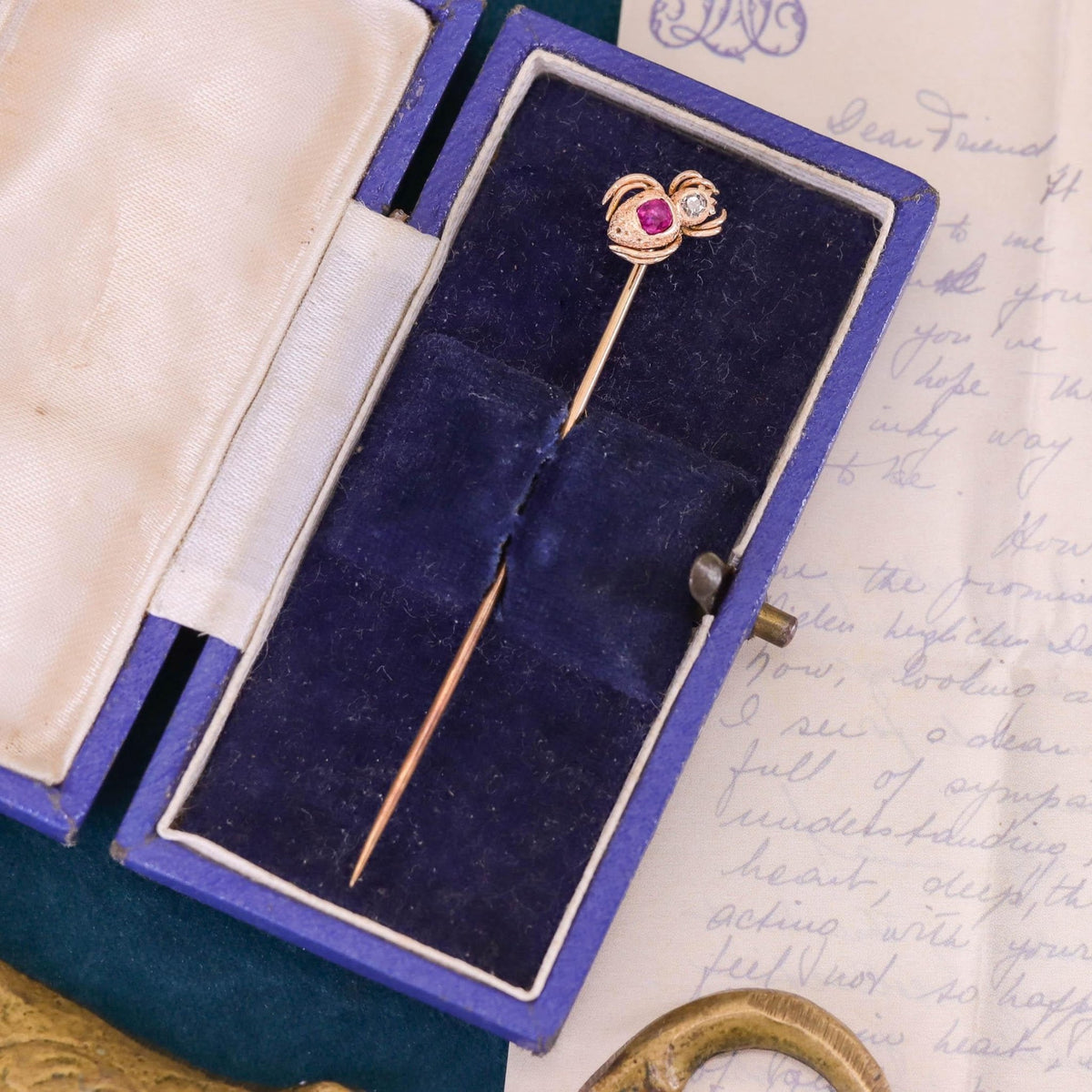 Antique Ruby and Diamond Spider Stickpin of 14k Gold - Trademark Antiques