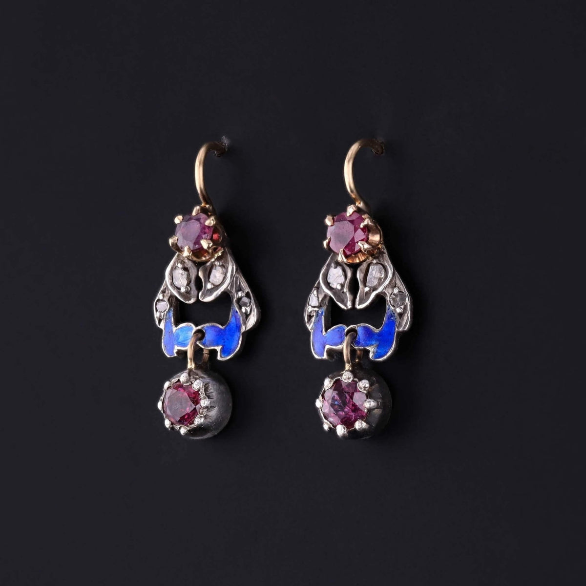 Antique Ruby, Diamond, and Enamel Earrings of 10k Gold and Sterling Silver - Trademark Antiques
