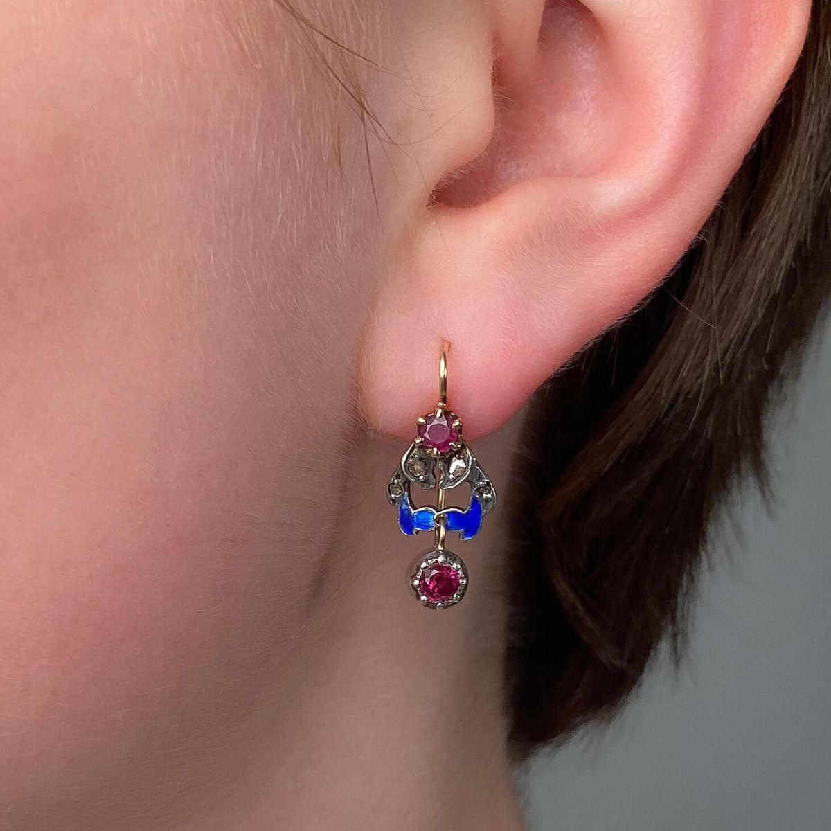 Antique Ruby, Diamond, and Enamel Earrings of 10k Gold and Sterling Silver - Trademark Antiques