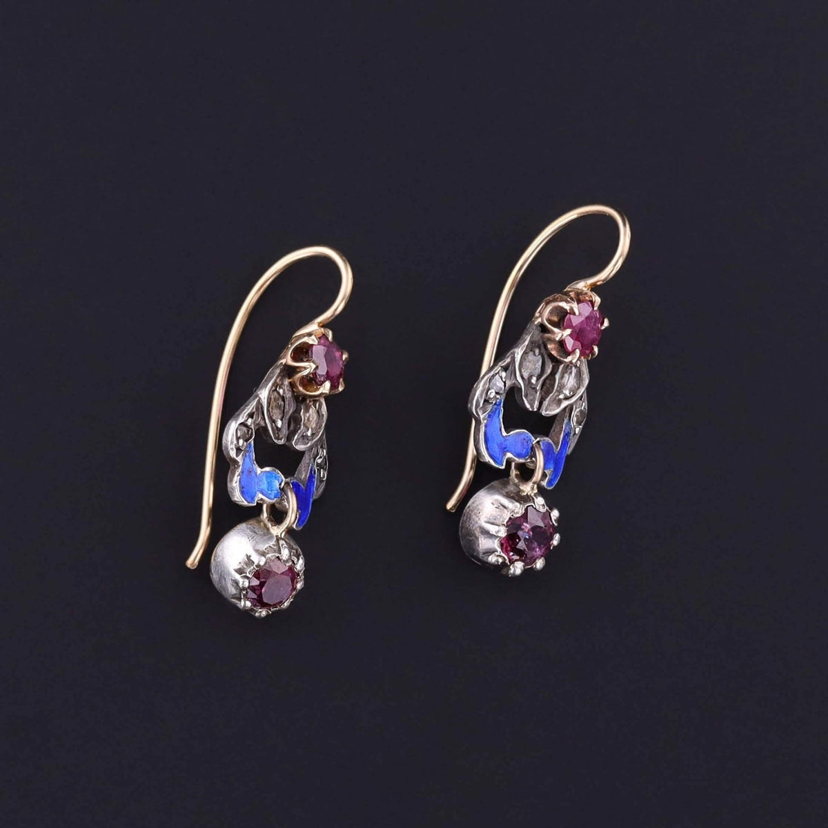 Antique Ruby, Diamond, and Enamel Earrings of 10k Gold and Sterling Silver - Trademark Antiques