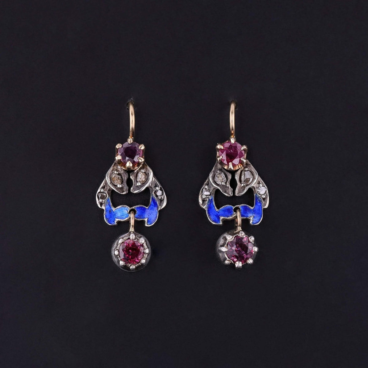 Antique Ruby, Diamond, and Enamel Earrings of 10k Gold and Sterling Silver - Trademark Antiques