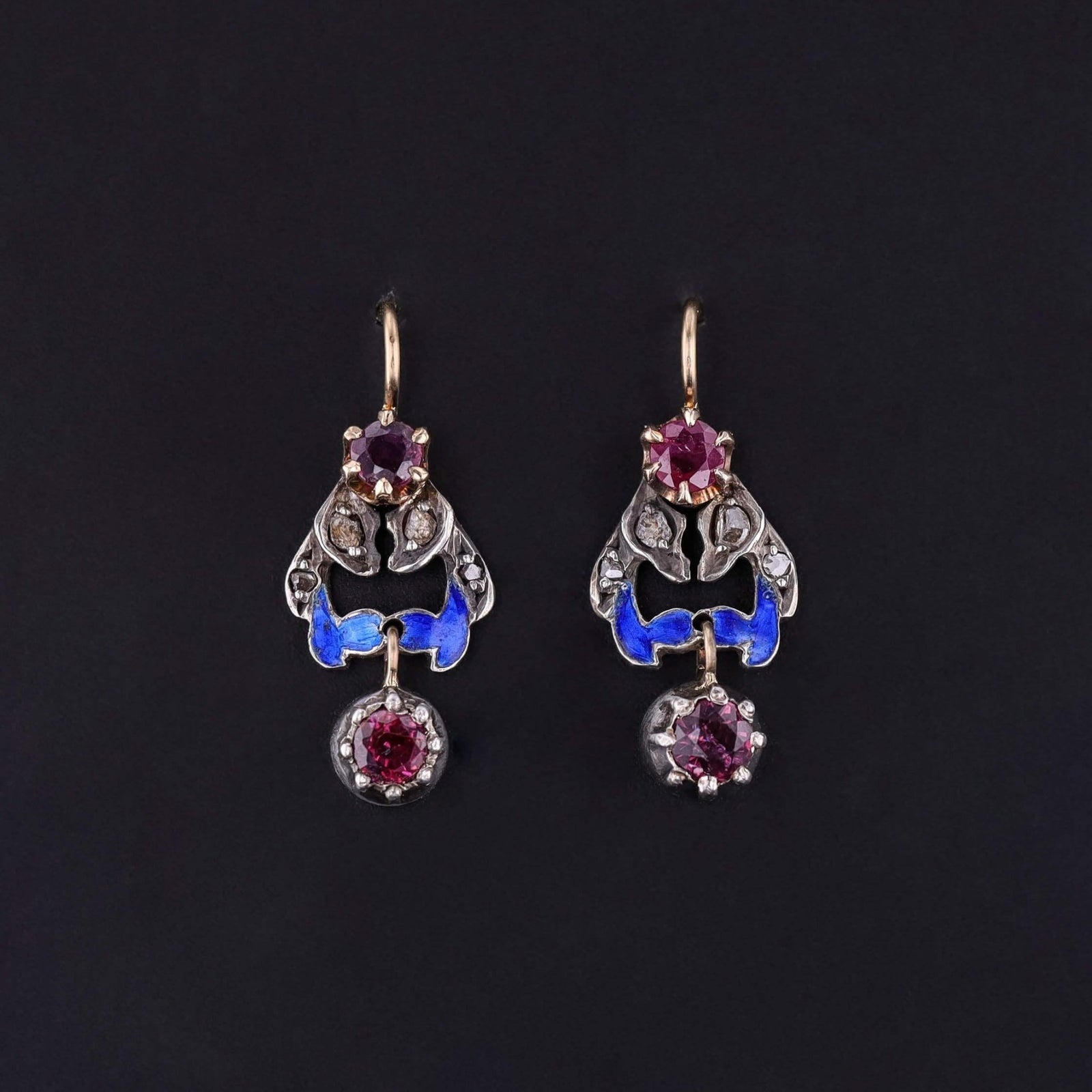 Antique Ruby, Diamond, and Enamel Earrings of 10k Gold and Sterling Silver - Trademark Antiques