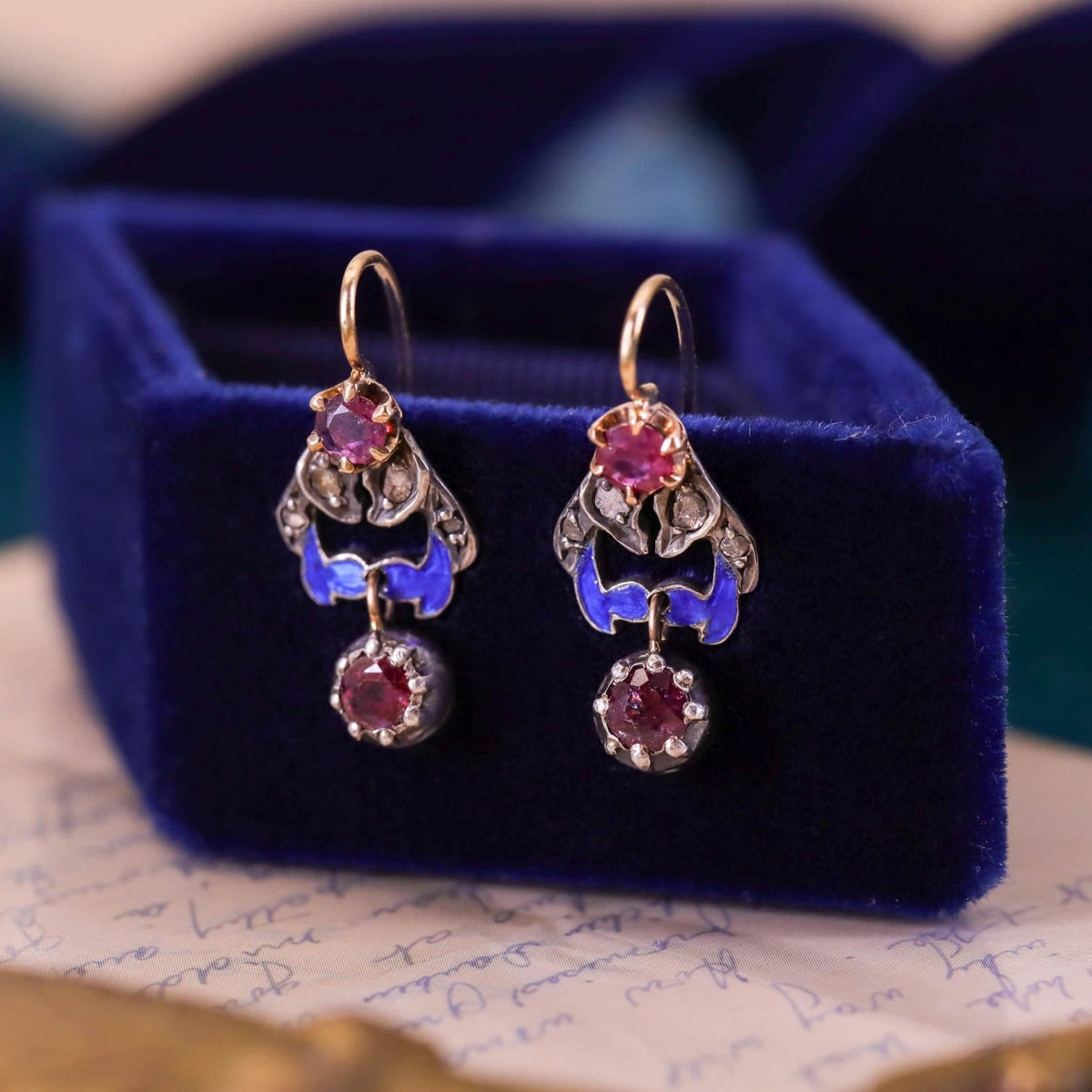 Antique Ruby, Diamond, and Enamel Earrings of 10k Gold and Sterling Silver - Trademark Antiques