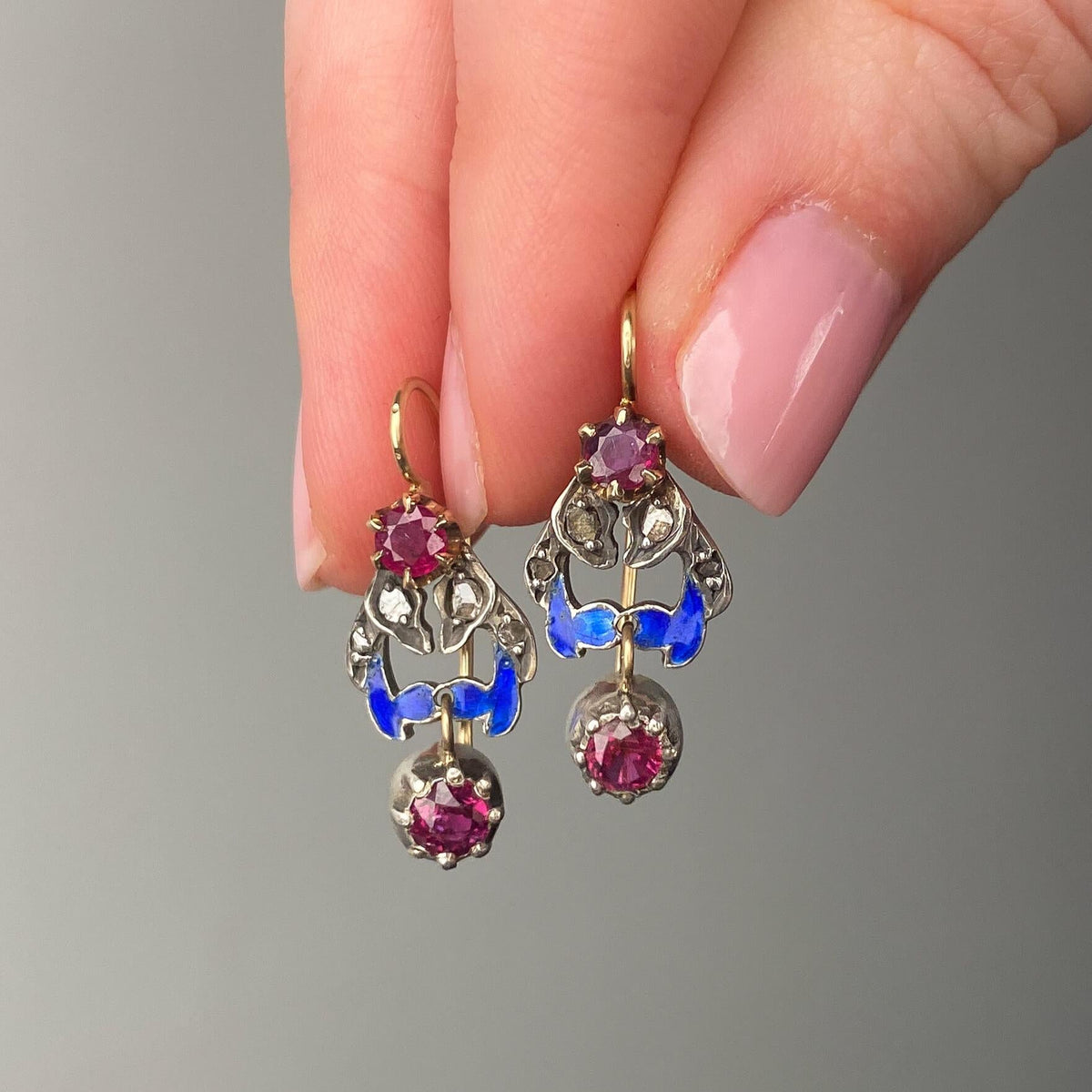 Antique Ruby, Diamond, and Enamel Earrings of 10k Gold and Sterling Silver - Trademark Antiques