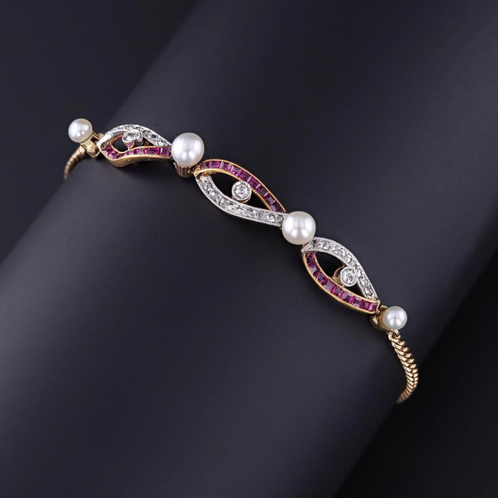 Antique Ruby Diamond and Pearl Bracelet of 14k Gold - Trademark Antiques