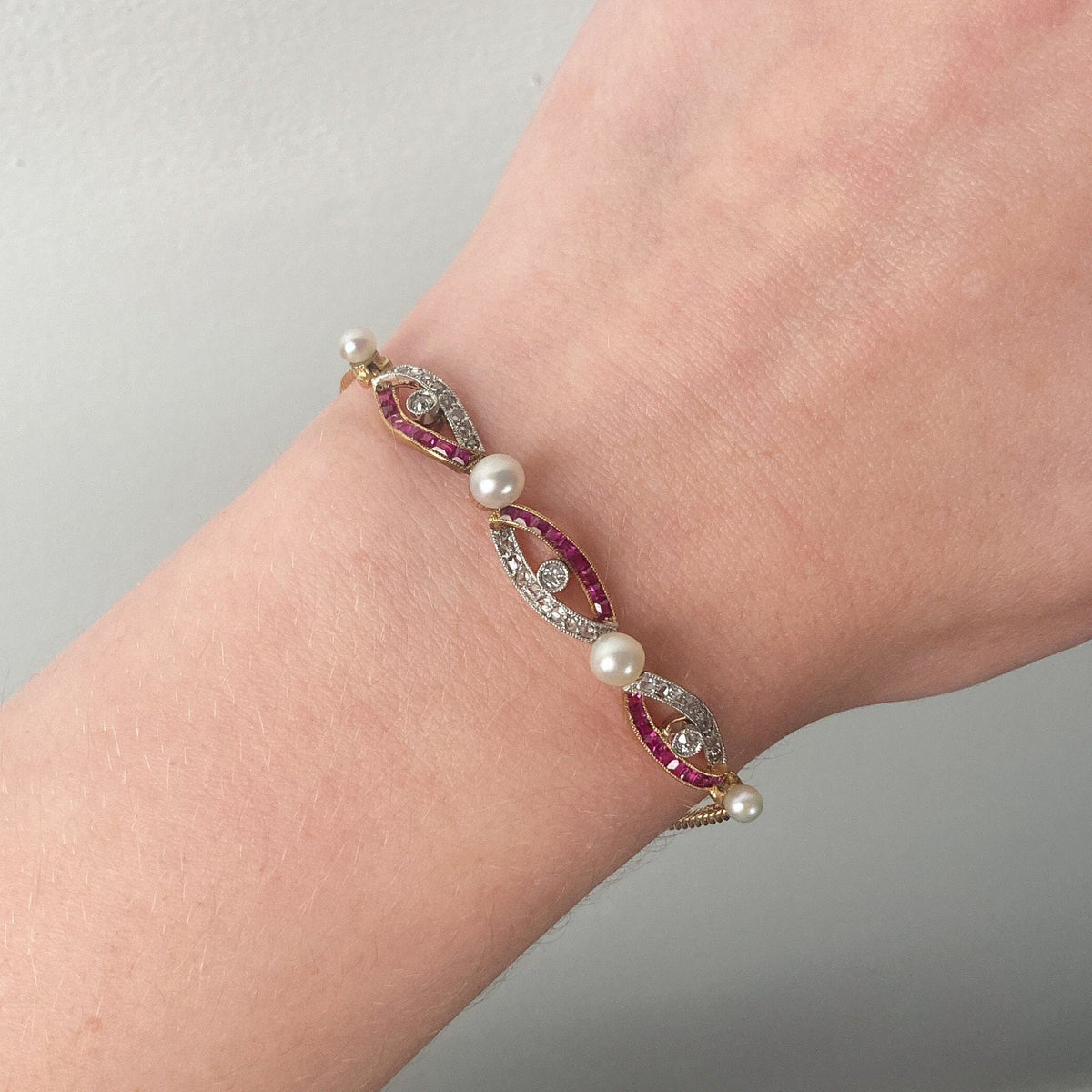 Antique Ruby Diamond and Pearl Bracelet of 14k Gold - Trademark Antiques