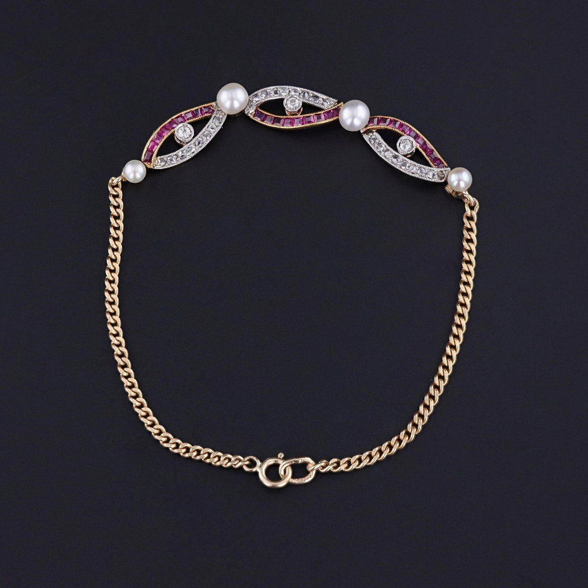 Antique Ruby Diamond and Pearl Bracelet of 14k Gold - Trademark Antiques