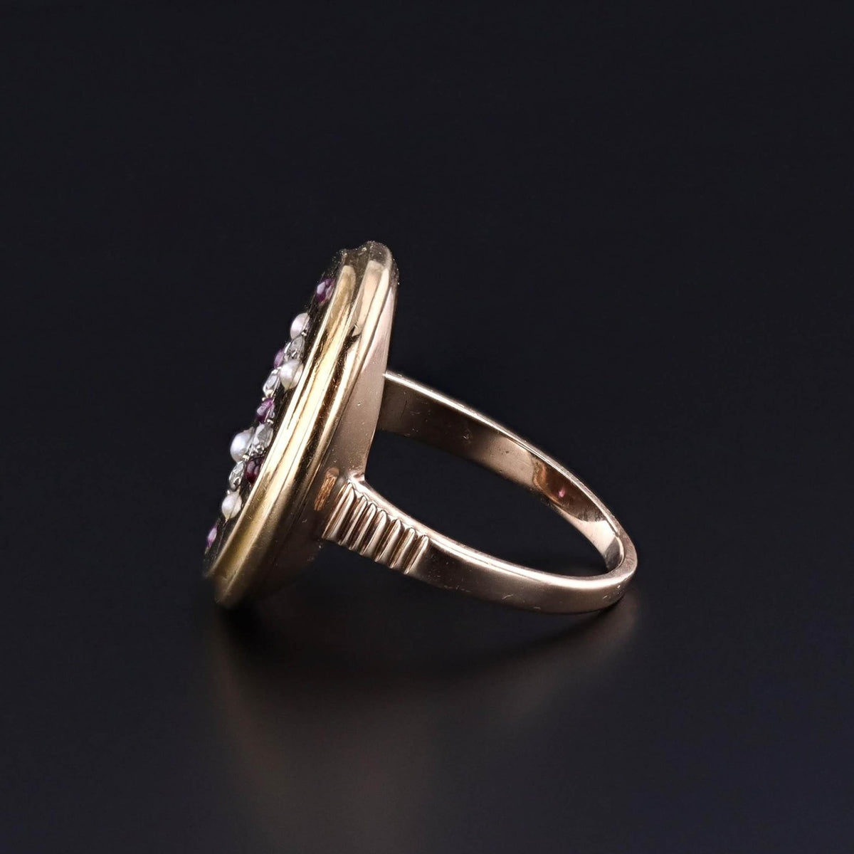 Antique Ruby, Diamond and Pearl Button Ring of 18k Gold - Trademark Antiques