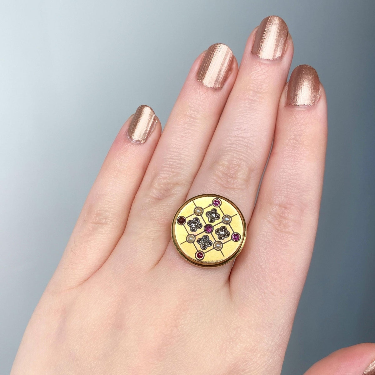 Antique Ruby, Diamond and Pearl Button Ring of 18k Gold - Trademark Antiques