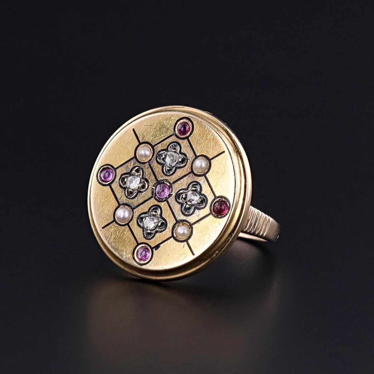 Antique Ruby, Diamond and Pearl Button Ring of 18k Gold - Trademark Antiques