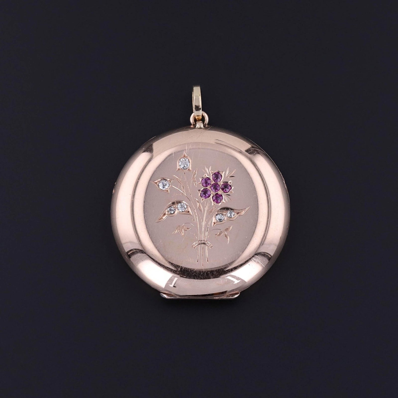 Antique Ruby Flower Locket of 14k Gold - Trademark Antiques