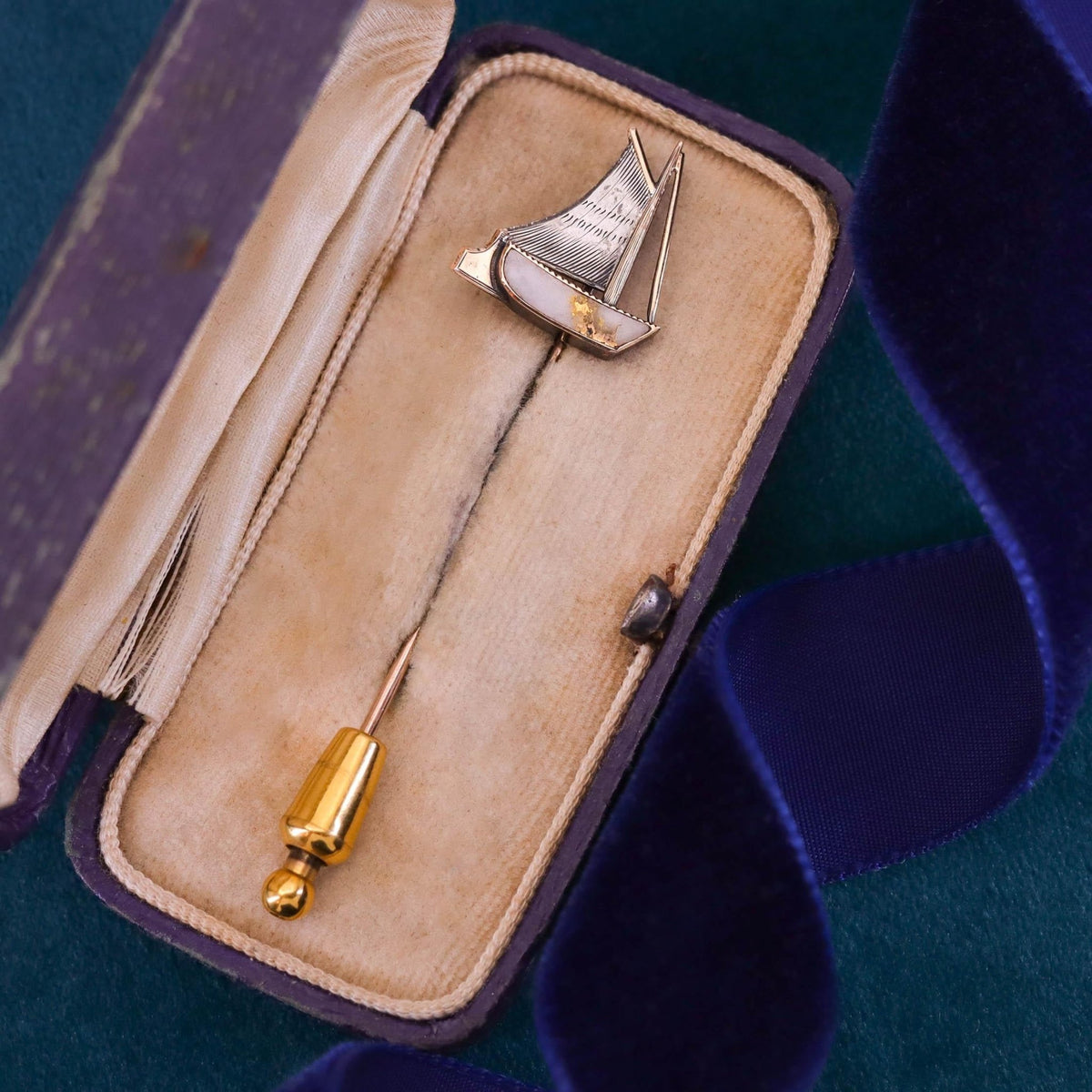 Antique Sailboat Stickpin of Gold &amp; Silver - Trademark Antiques