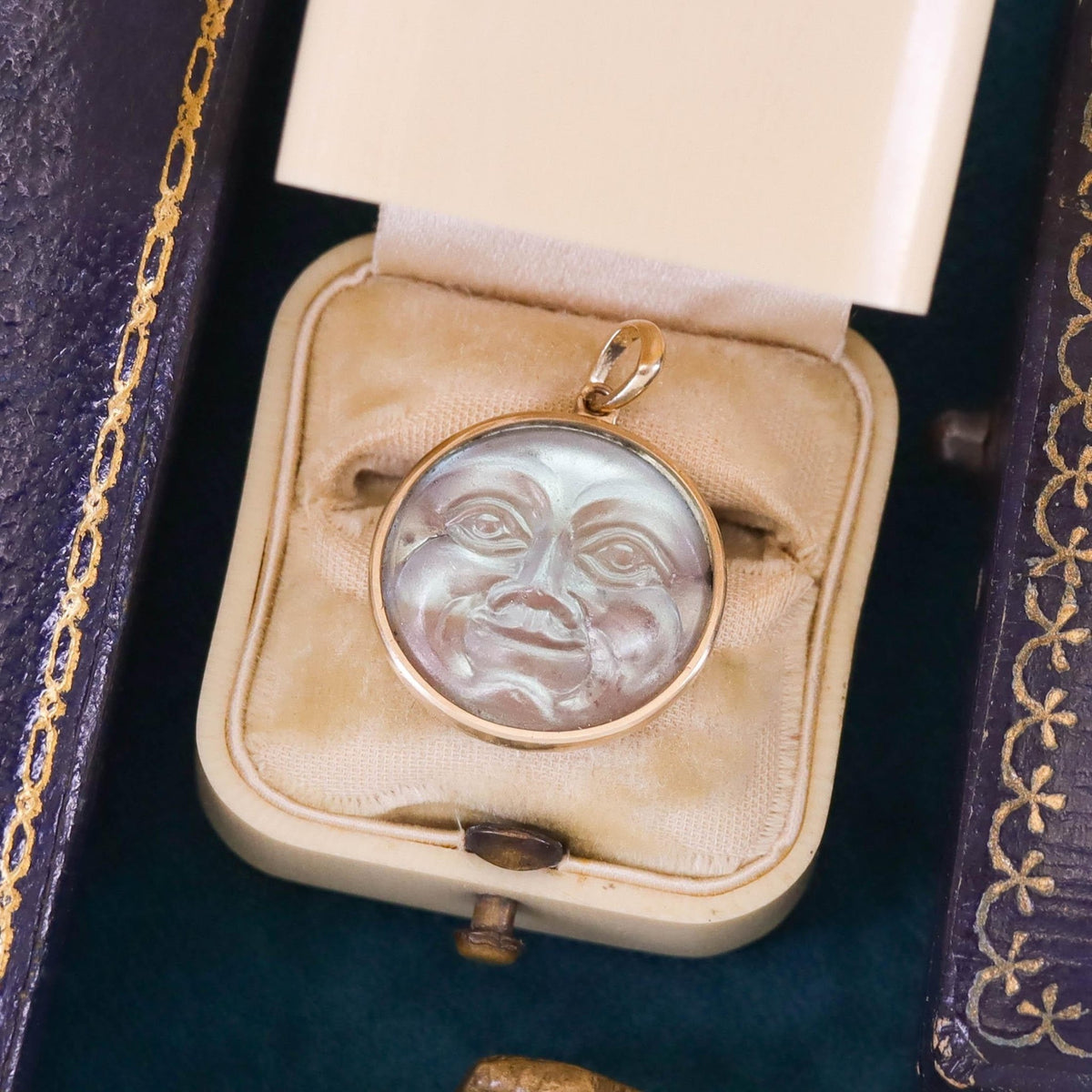 Antique Saphiret Man in the Moon Pendant of 14k Gold - Trademark Antiques