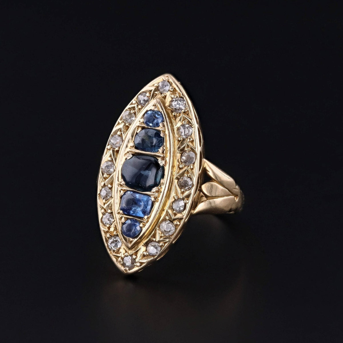 Antique Sapphire and Diamond Navette Ring of 18k Gold - Trademark Antiques