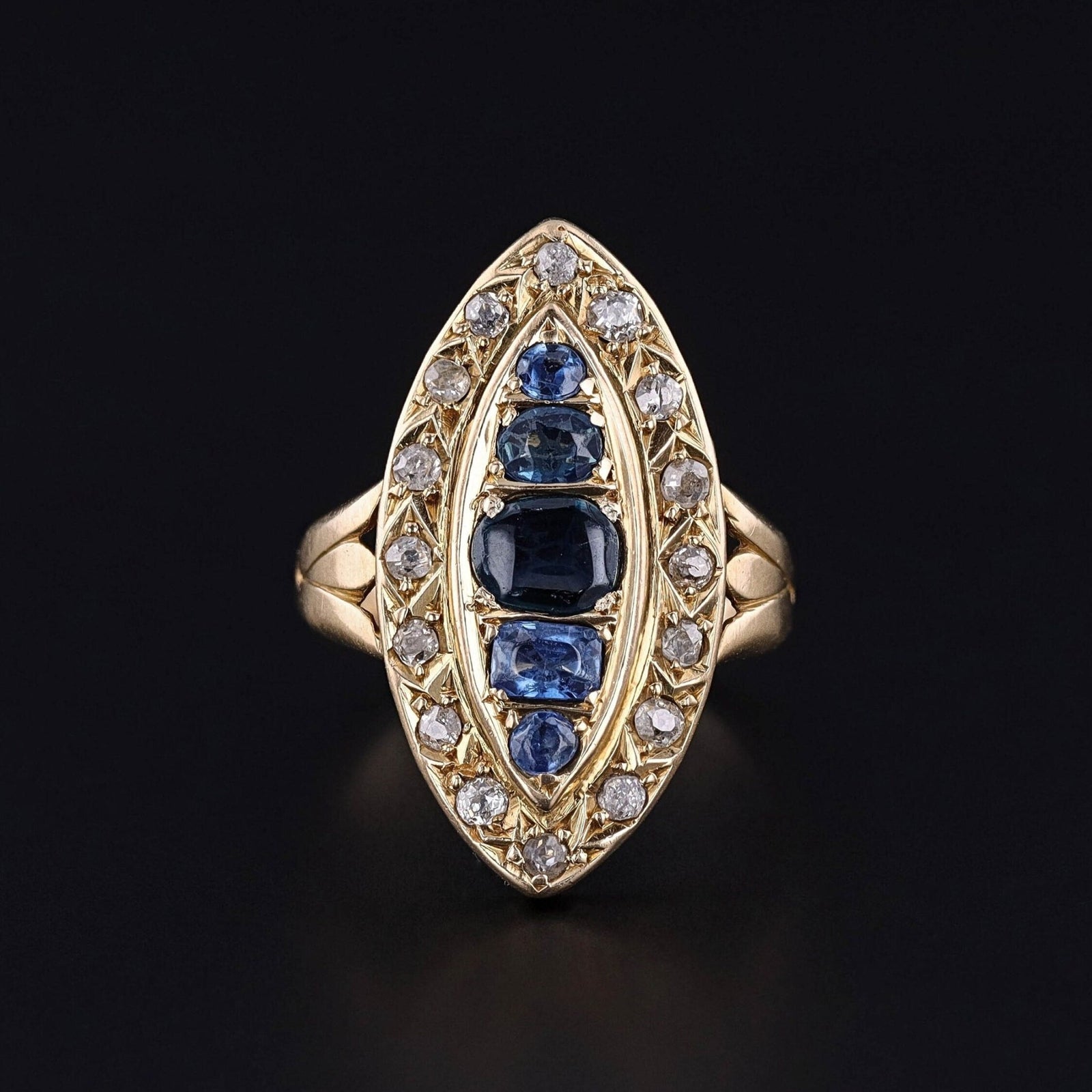 Antique Sapphire and Diamond Navette Ring of 18k Gold - Trademark Antiques