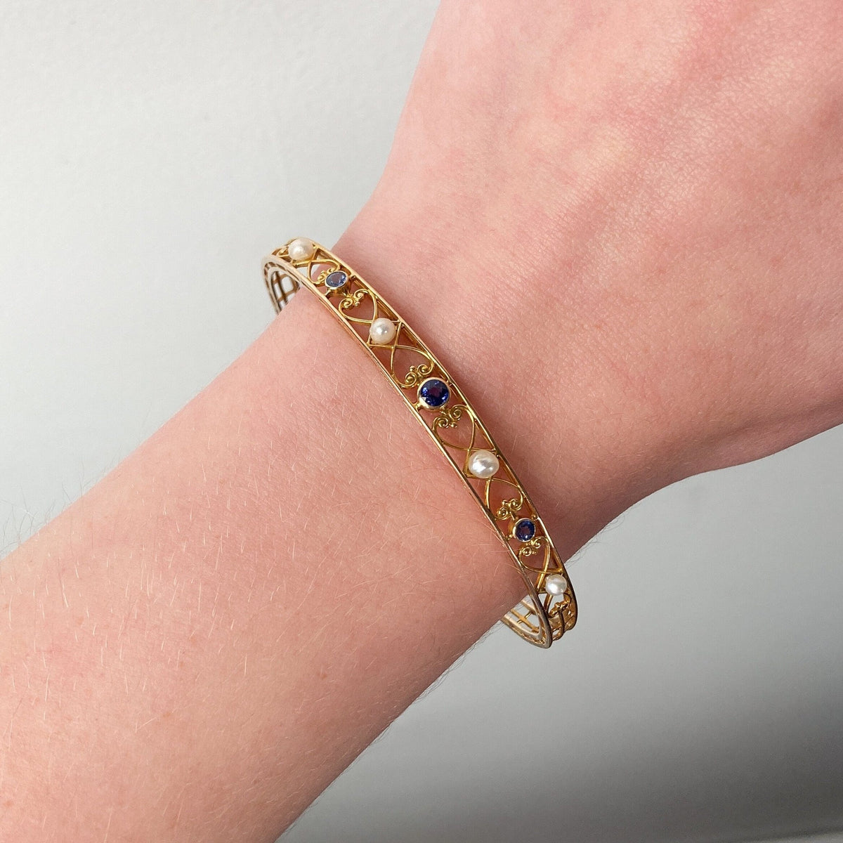 Antique Sapphire and Pearl Bangle by Alling &amp; Co - Trademark Antiques